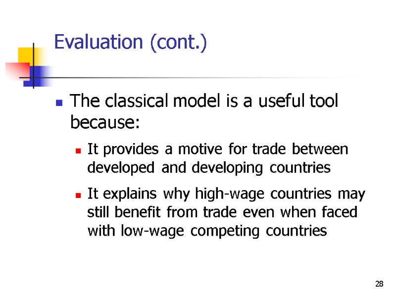 28 Evaluation (cont.) The classical model is a useful tool because: It provides a